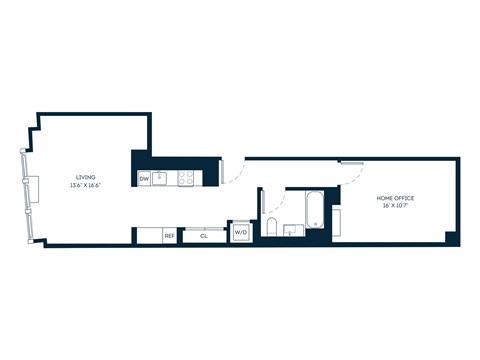 Floor plan for studio, 1 bath, 809 sqft
